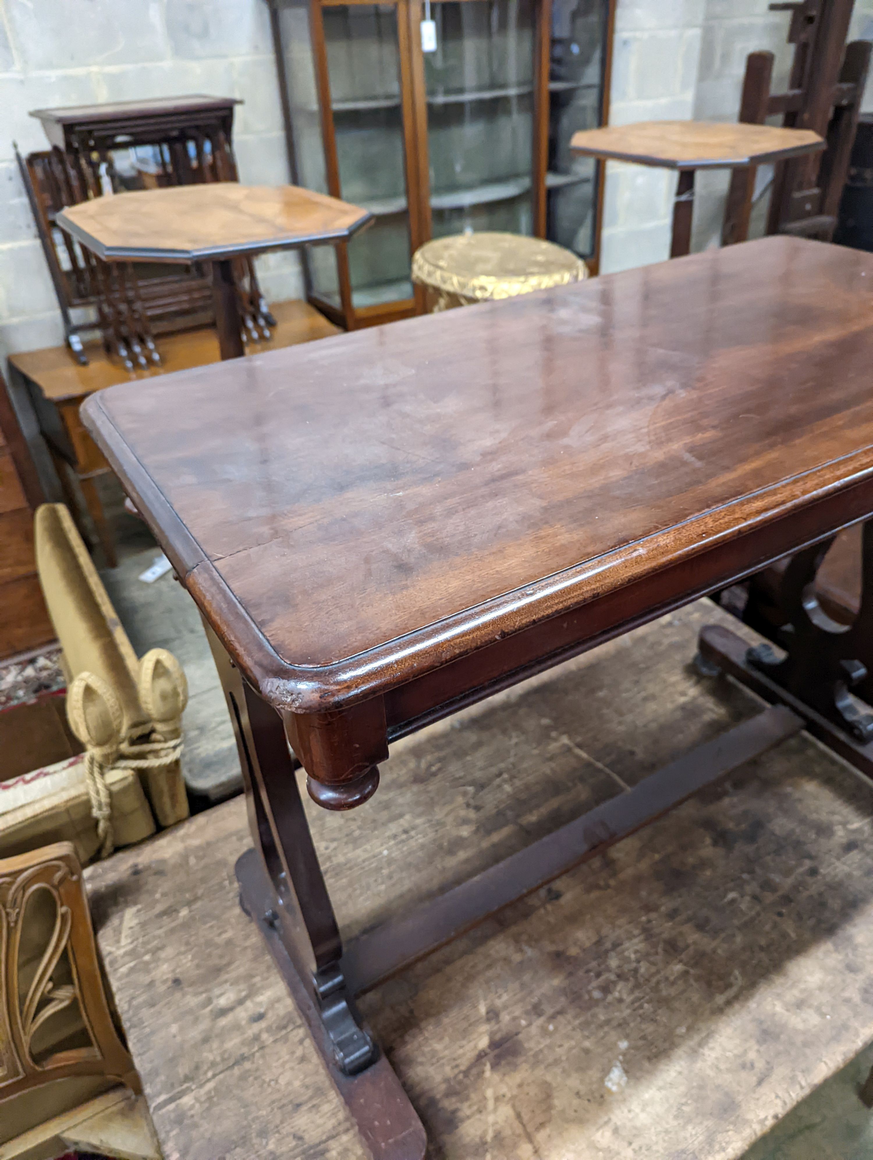 A Victorian mahogany stretcher centre table. W-92cm, D-49cm, H-72cm.